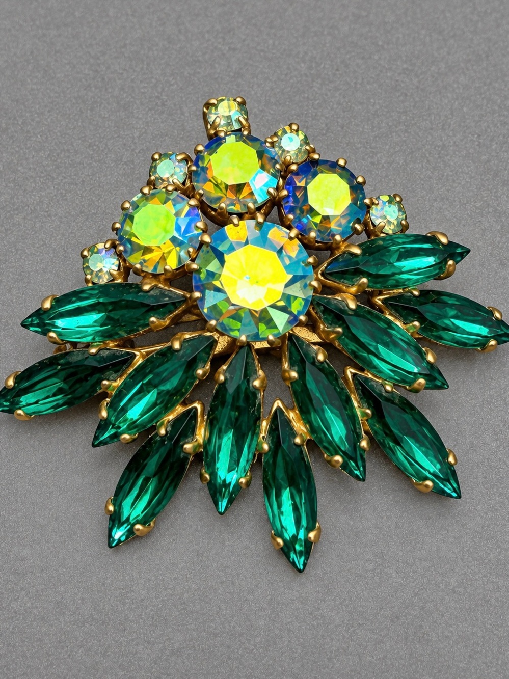 Green Crystal Floral Statement Brooch  #cz409